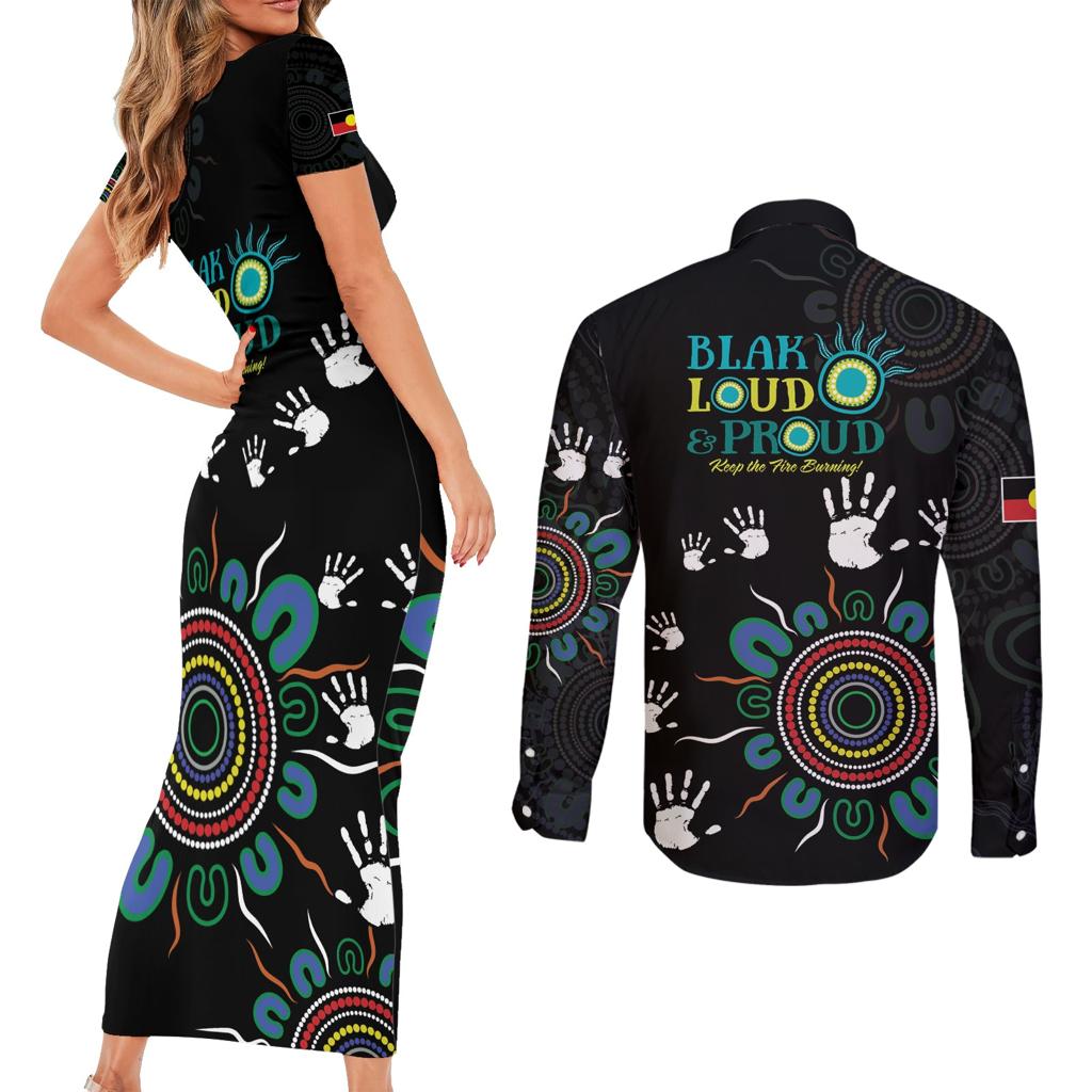 NAIDOC 2024 Indigenous Aboriginal Couples Matching Short Sleeve Bodycon Dress and Long Sleeve Button Shirt The Fire Burns Forever