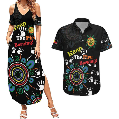 NAIDOC 2024 Indigenous Aboriginal Couples Matching Summer Maxi Dress and Hawaiian Shirt The Fire Burns Forever