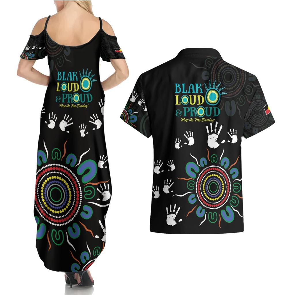 NAIDOC 2024 Indigenous Aboriginal Couples Matching Summer Maxi Dress and Hawaiian Shirt The Fire Burns Forever
