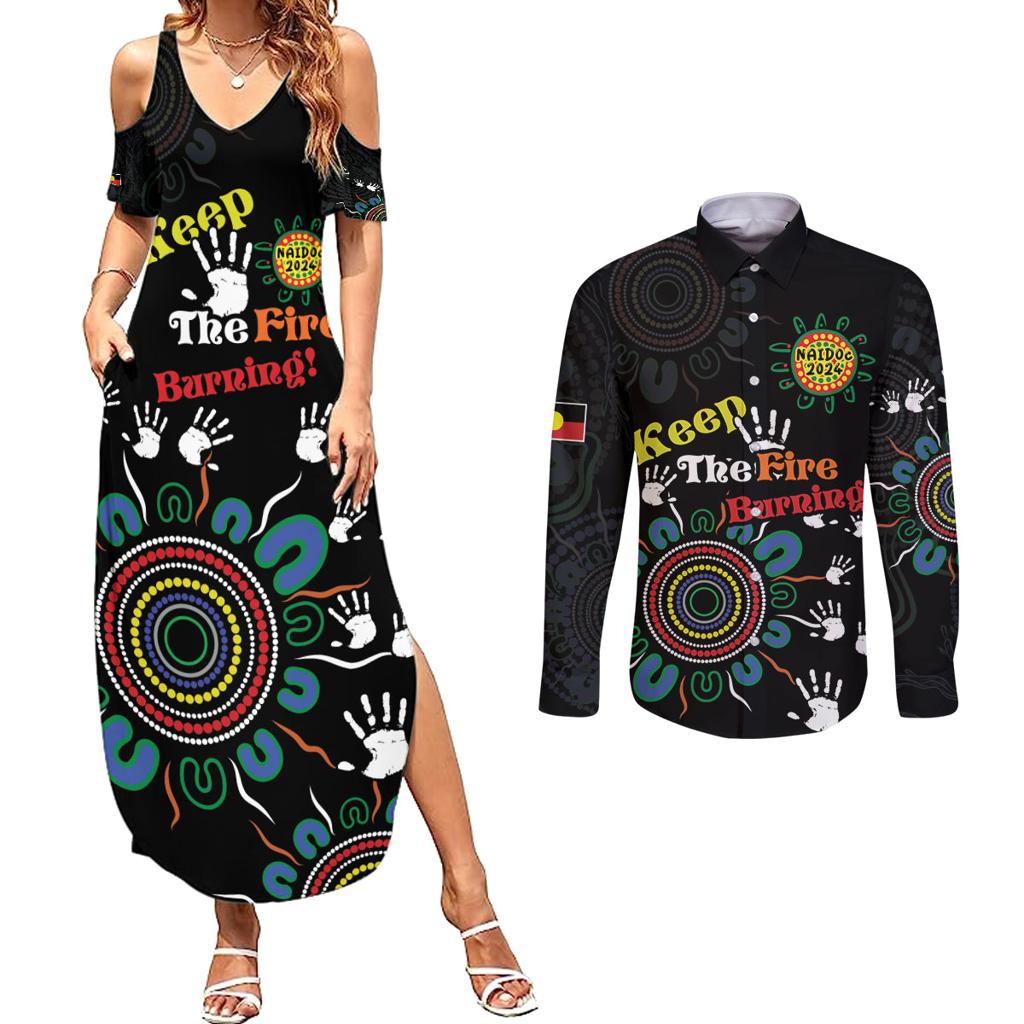 NAIDOC 2024 Indigenous Aboriginal Couples Matching Summer Maxi Dress and Long Sleeve Button Shirt The Fire Burns Forever