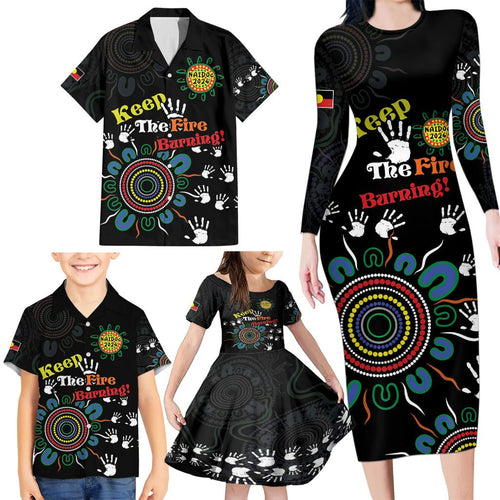 NAIDOC 2024 Indigenous Aboriginal Family Matching Long Sleeve Bodycon Dress and Hawaiian Shirt The Fire Burns Forever