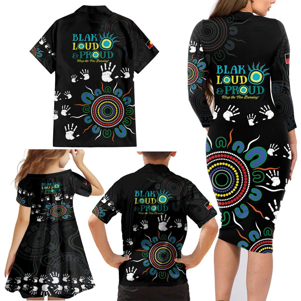 NAIDOC 2024 Indigenous Aboriginal Family Matching Long Sleeve Bodycon Dress and Hawaiian Shirt The Fire Burns Forever