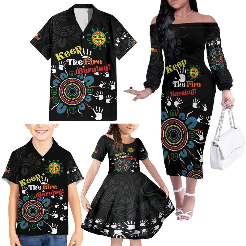 NAIDOC 2024 Indigenous Aboriginal Family Matching Off The Shoulder Long Sleeve Dress and Hawaiian Shirt The Fire Burns Forever