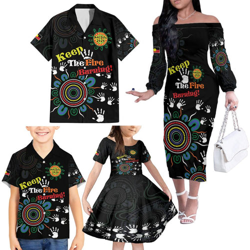 NAIDOC 2024 Indigenous Aboriginal Family Matching Off The Shoulder Long Sleeve Dress and Hawaiian Shirt The Fire Burns Forever
