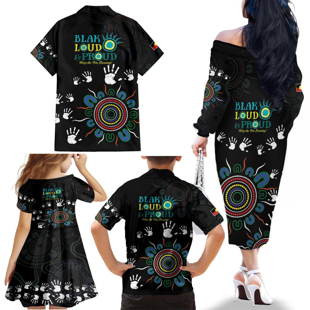 NAIDOC 2024 Indigenous Aboriginal Family Matching Off The Shoulder Long Sleeve Dress and Hawaiian Shirt The Fire Burns Forever
