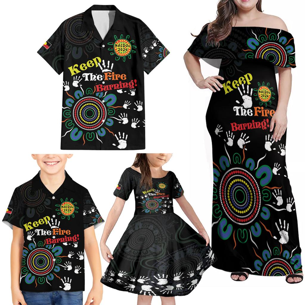 NAIDOC 2024 Indigenous Aboriginal Family Matching Off Shoulder Maxi Dress and Hawaiian Shirt The Fire Burns Forever