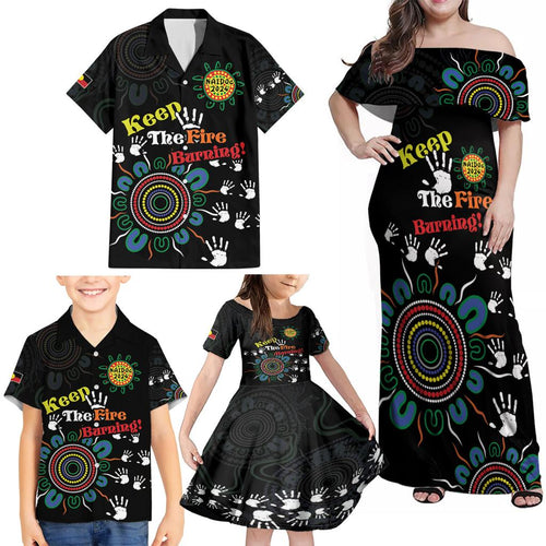 NAIDOC 2024 Indigenous Aboriginal Family Matching Off Shoulder Maxi Dress and Hawaiian Shirt The Fire Burns Forever