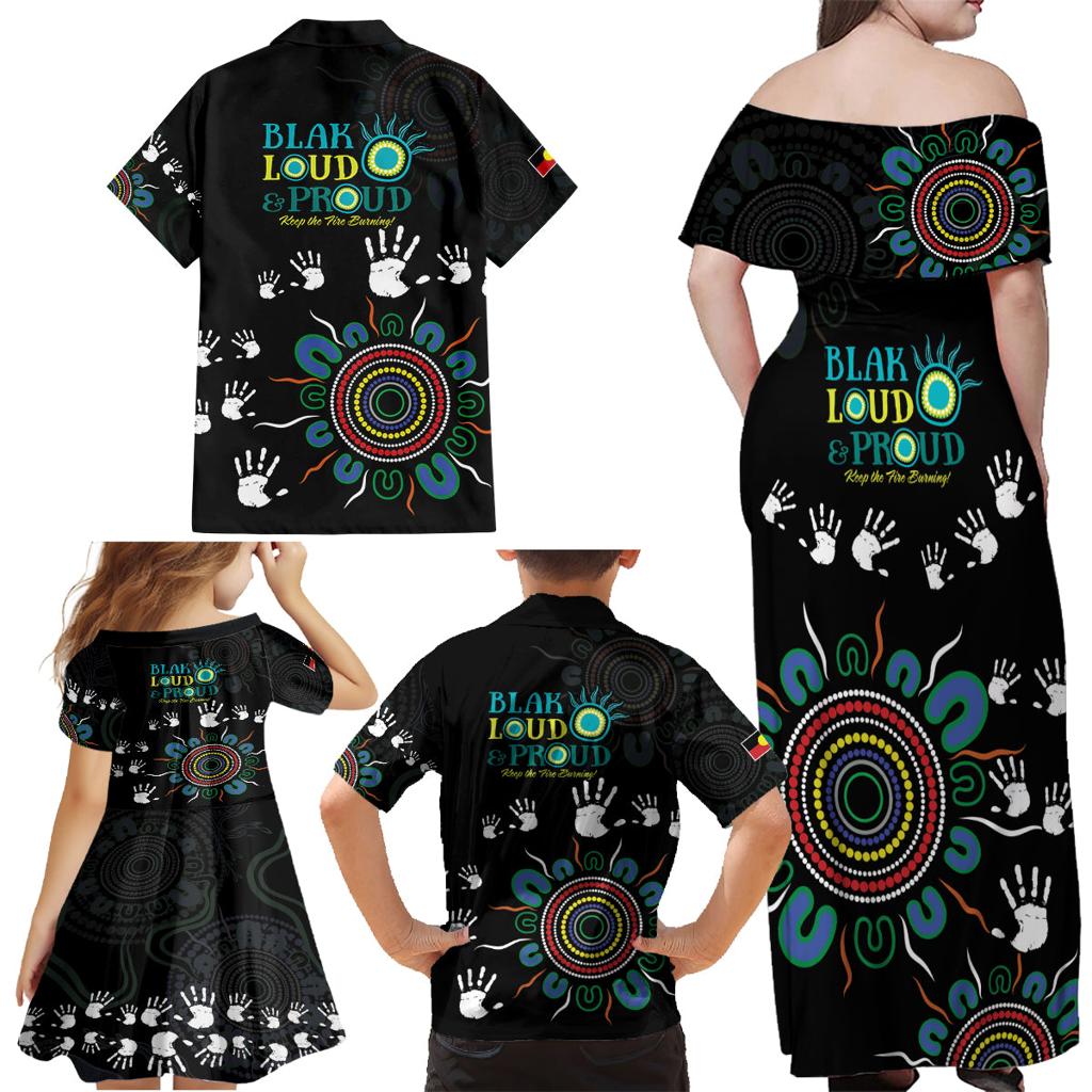 NAIDOC 2024 Indigenous Aboriginal Family Matching Off Shoulder Maxi Dress and Hawaiian Shirt The Fire Burns Forever