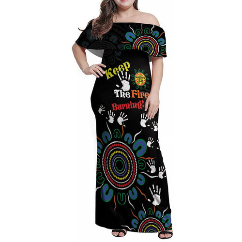 NAIDOC 2024 Indigenous Aboriginal Family Matching Off Shoulder Maxi Dress and Hawaiian Shirt The Fire Burns Forever