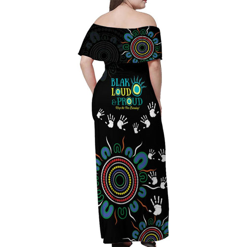 NAIDOC 2024 Indigenous Aboriginal Family Matching Off Shoulder Maxi Dress and Hawaiian Shirt The Fire Burns Forever
