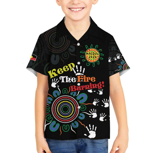 NAIDOC 2024 Indigenous Aboriginal Family Matching Off Shoulder Maxi Dress and Hawaiian Shirt The Fire Burns Forever