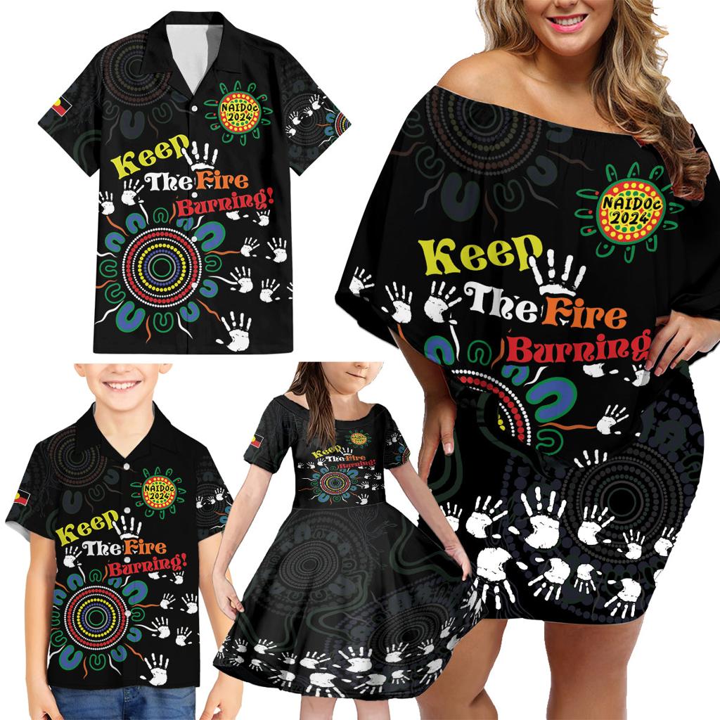 NAIDOC 2024 Indigenous Aboriginal Family Matching Off Shoulder Short Dress and Hawaiian Shirt The Fire Burns Forever