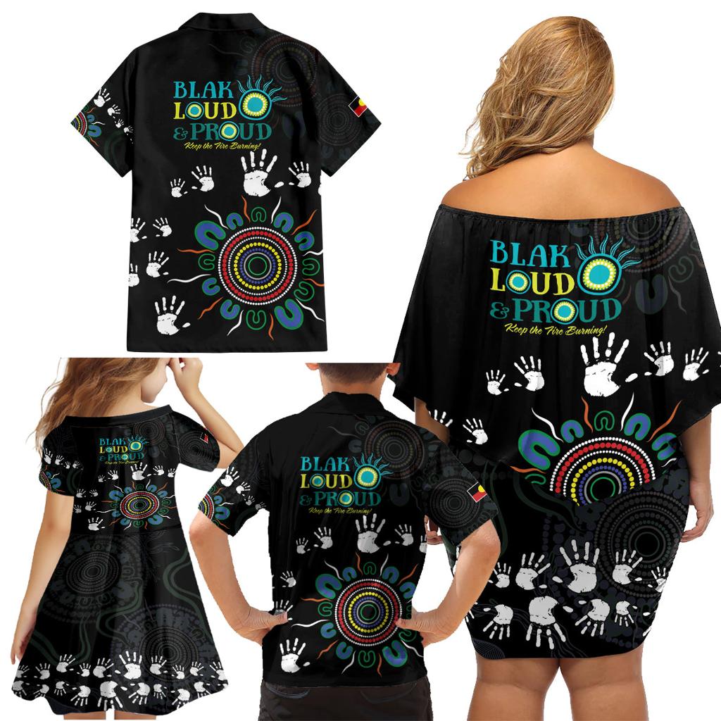 NAIDOC 2024 Indigenous Aboriginal Family Matching Off Shoulder Short Dress and Hawaiian Shirt The Fire Burns Forever