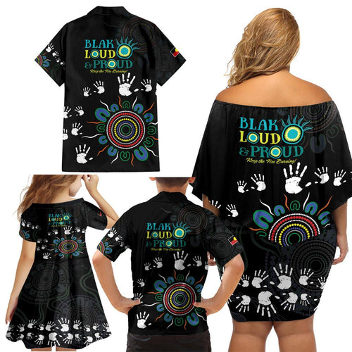 NAIDOC 2024 Indigenous Aboriginal Family Matching Off Shoulder Short Dress and Hawaiian Shirt The Fire Burns Forever