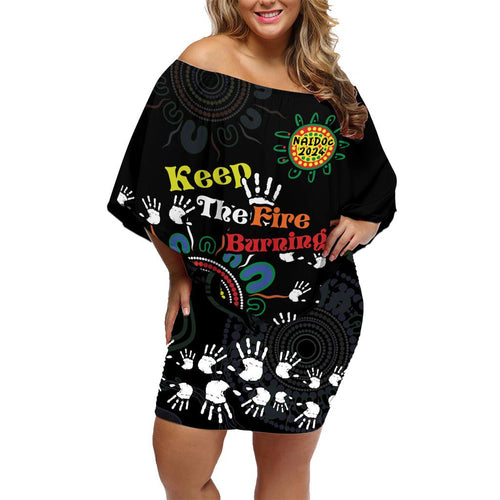 NAIDOC 2024 Indigenous Aboriginal Family Matching Off Shoulder Short Dress and Hawaiian Shirt The Fire Burns Forever