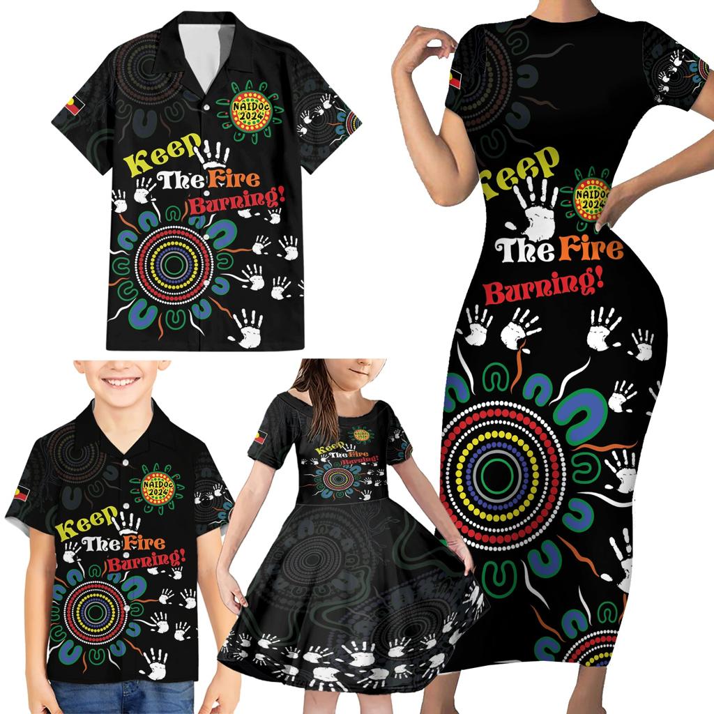 NAIDOC 2024 Indigenous Aboriginal Family Matching Short Sleeve Bodycon Dress and Hawaiian Shirt The Fire Burns Forever