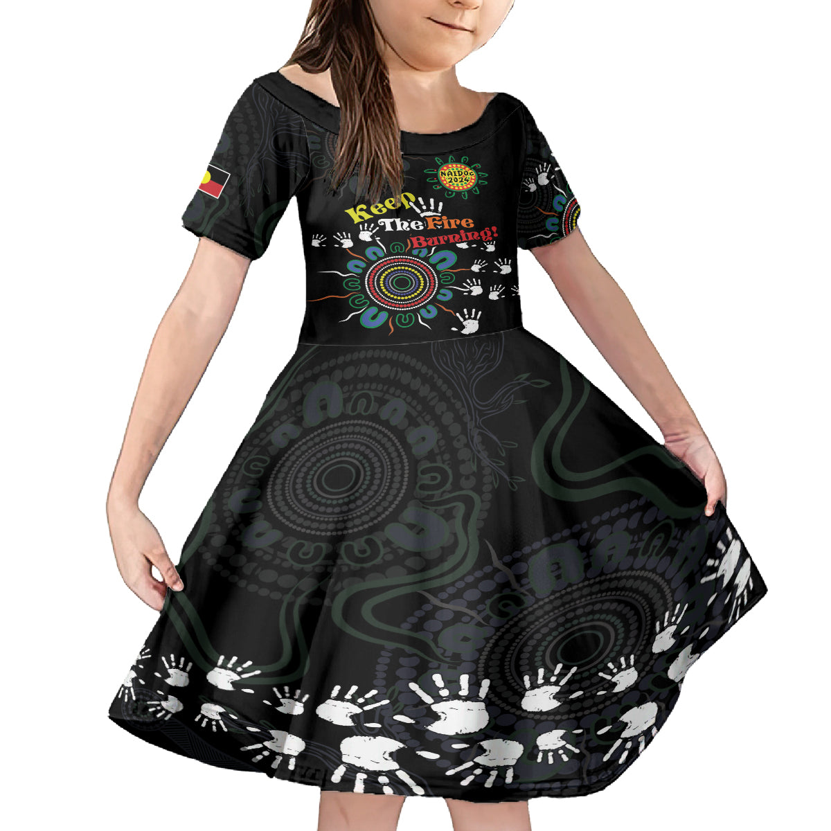 NAIDOC 2024 Indigenous Aboriginal Kid Short Sleeve Dress The Fire Burns Forever