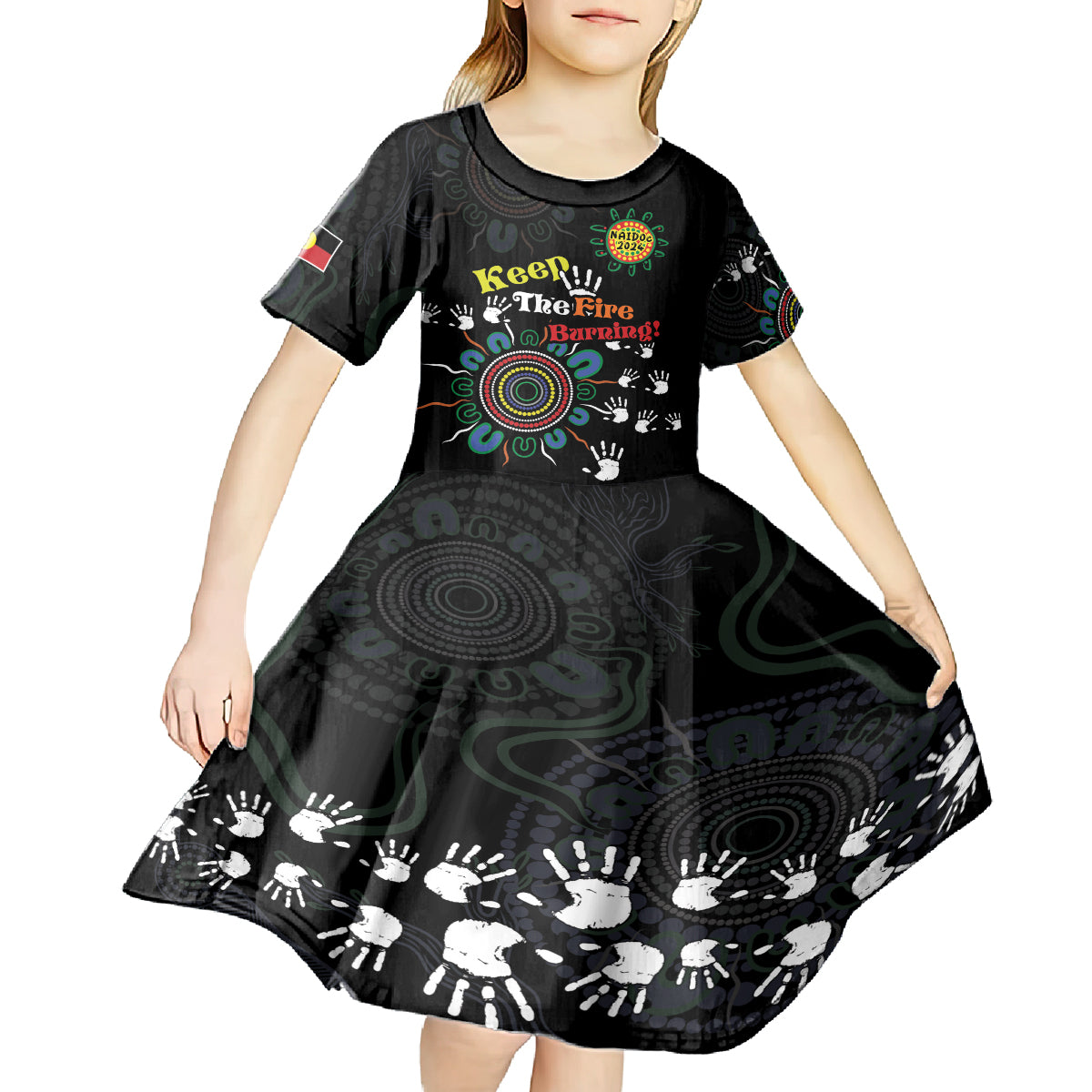 NAIDOC 2024 Indigenous Aboriginal Kid Short Sleeve Dress The Fire Burns Forever