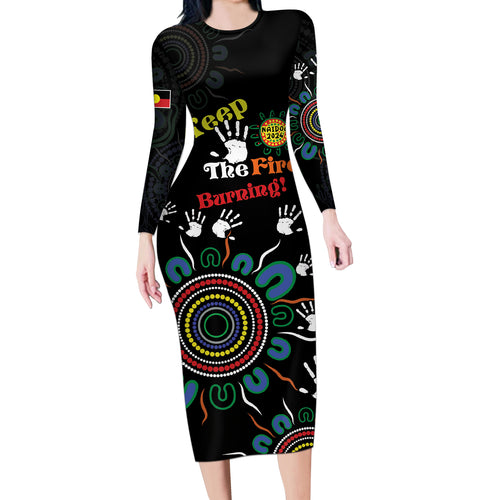 NAIDOC 2024 Indigenous Aboriginal Long Sleeve Bodycon Dress The Fire Burns Forever