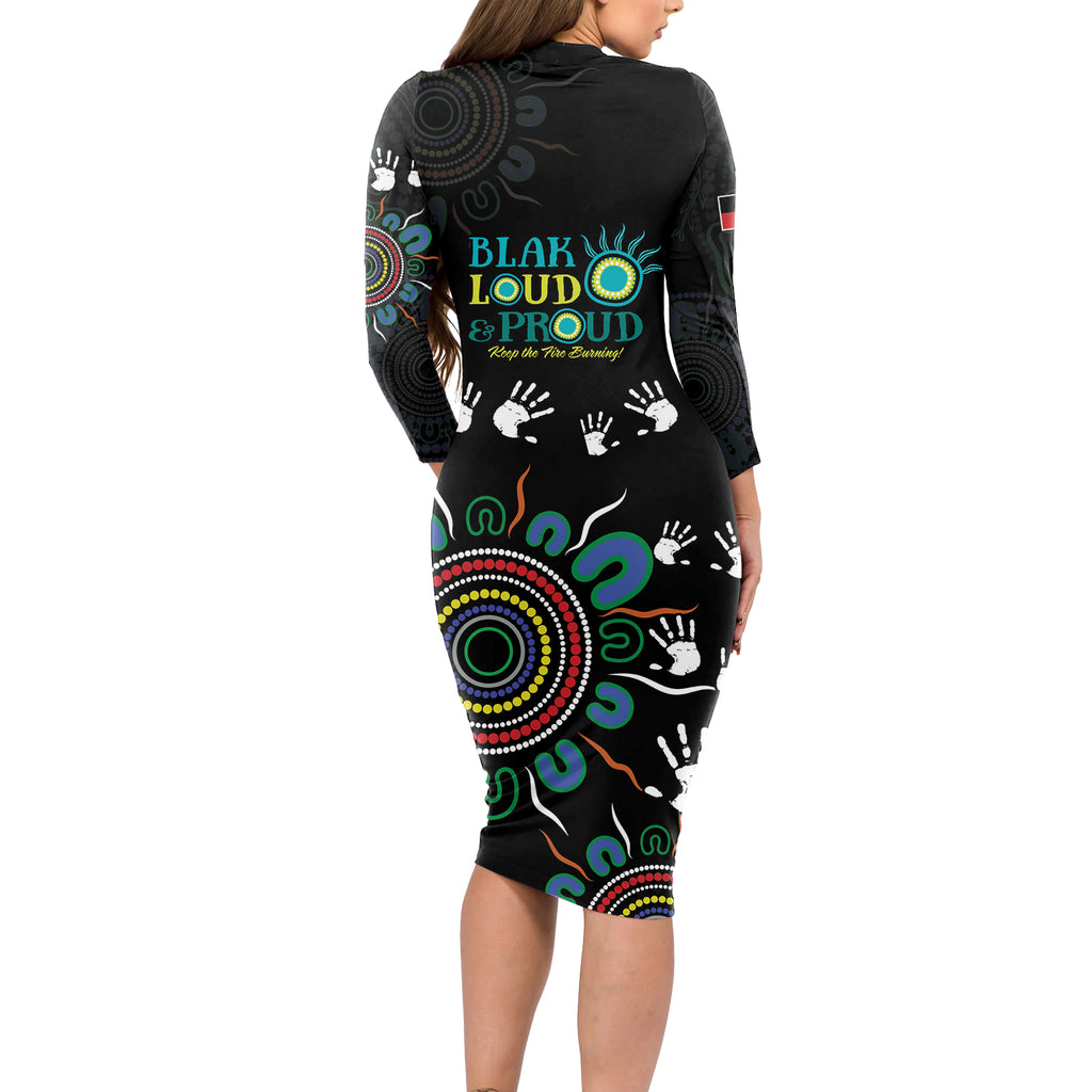 NAIDOC 2024 Indigenous Aboriginal Long Sleeve Bodycon Dress The Fire Burns Forever