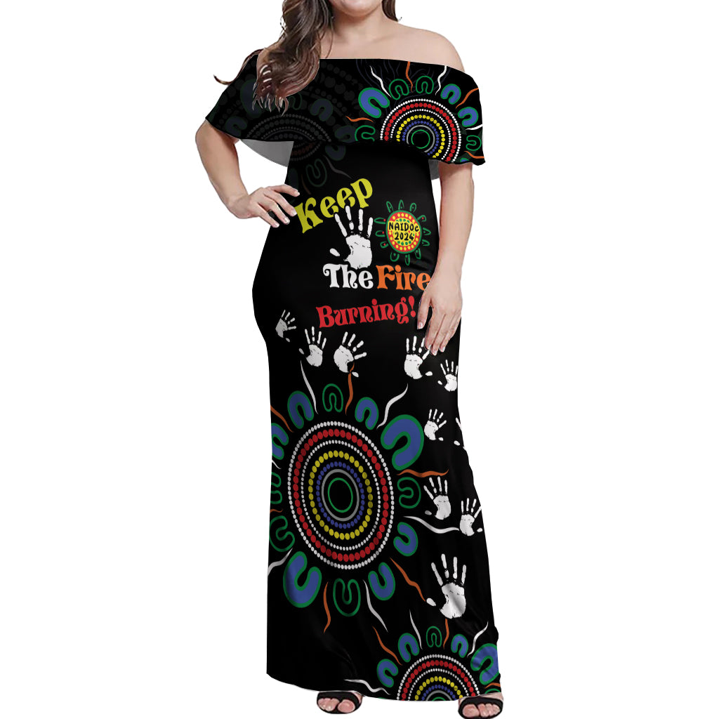 NAIDOC 2024 Indigenous Aboriginal Off Shoulder Maxi Dress The Fire Burns Forever