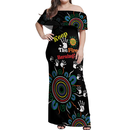 NAIDOC 2024 Indigenous Aboriginal Off Shoulder Maxi Dress The Fire Burns Forever