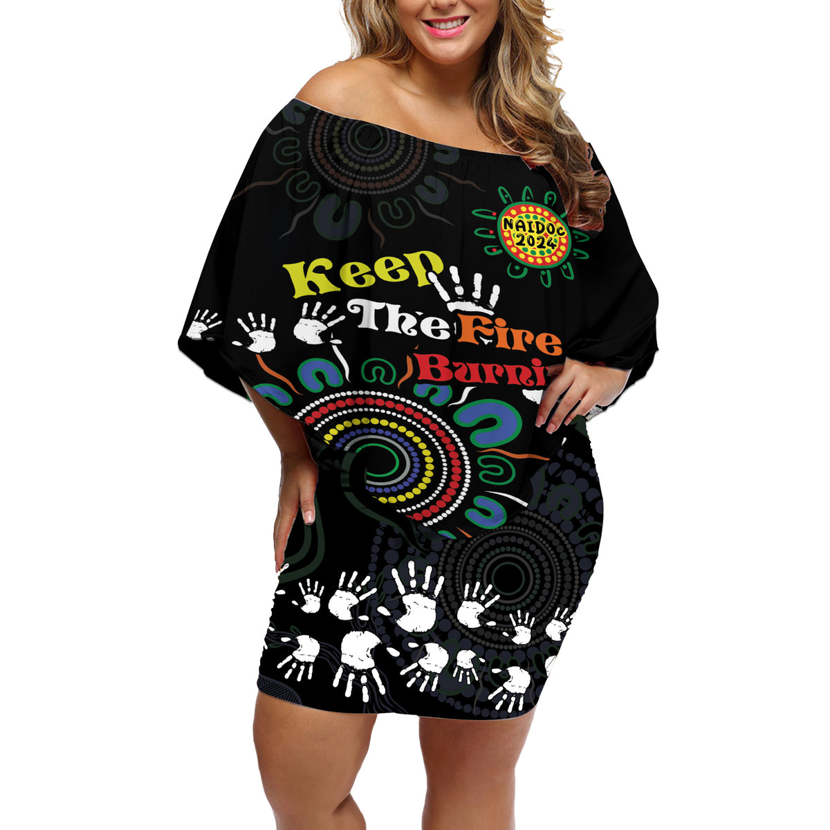 NAIDOC 2024 Indigenous Aboriginal Off Shoulder Short Dress The Fire Burns Forever