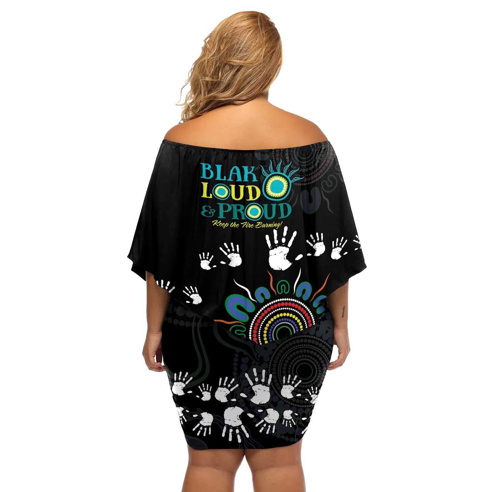 NAIDOC 2024 Indigenous Aboriginal Off Shoulder Short Dress The Fire Burns Forever