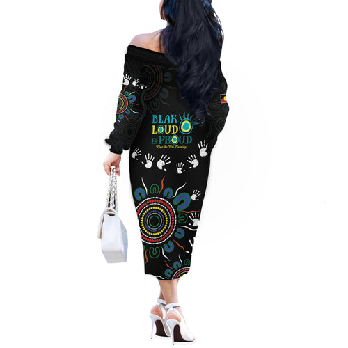 NAIDOC 2024 Indigenous Aboriginal Off The Shoulder Long Sleeve Dress The Fire Burns Forever