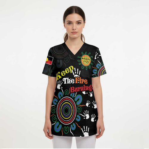 NAIDOC 2024 Indigenous Aboriginal Scrub Top The Fire Burns Forever - Aussie Hoodie