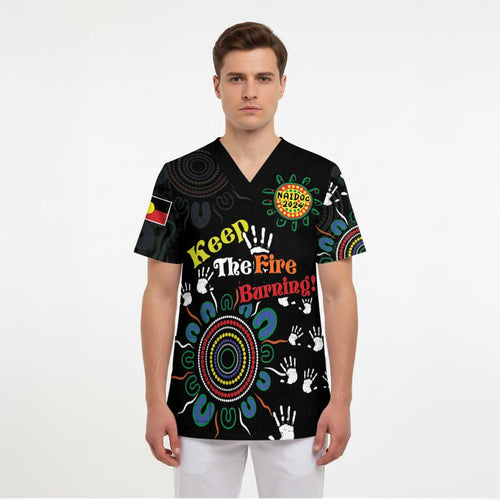 NAIDOC 2024 Indigenous Aboriginal Scrub Top The Fire Burns Forever - Aussie Hoodie