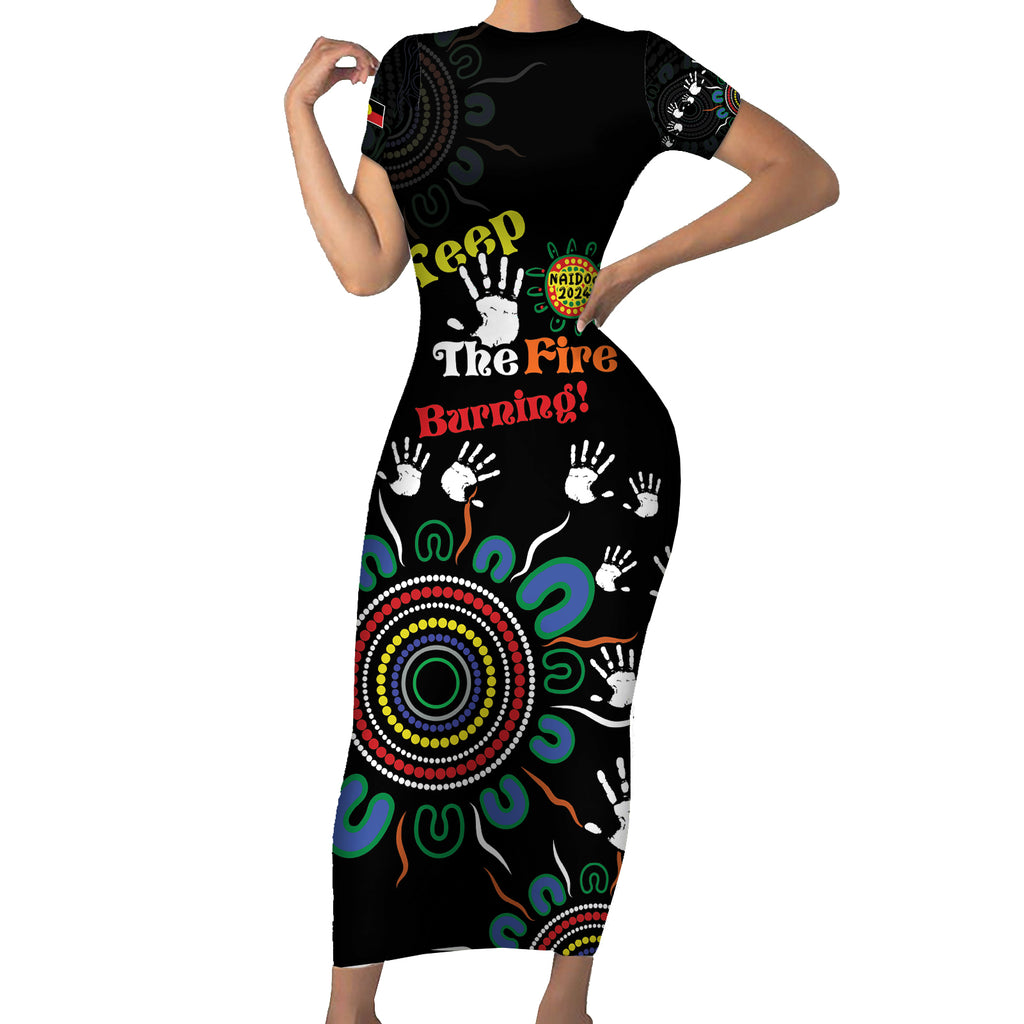 NAIDOC 2024 Indigenous Aboriginal Short Sleeve Bodycon Dress The Fire Burns Forever