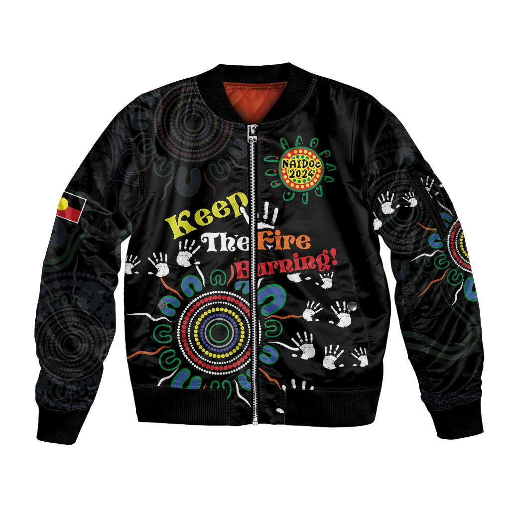 NAIDOC 2024 Indigenous Aboriginal Sleeve Zip Bomber Jacket The Fire Burns Forever