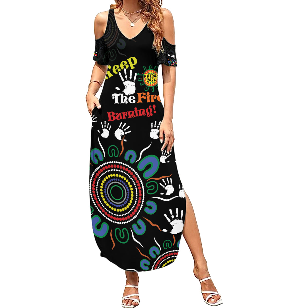 NAIDOC 2024 Indigenous Aboriginal Summer Maxi Dress The Fire Burns Forever