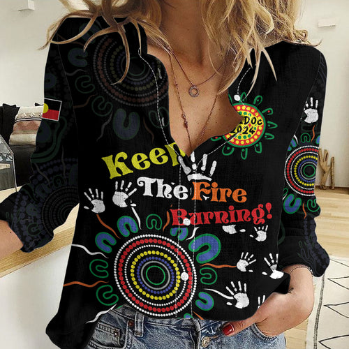 NAIDOC 2024 Indigenous Aboriginal Women Casual Shirt The Fire Burns Forever