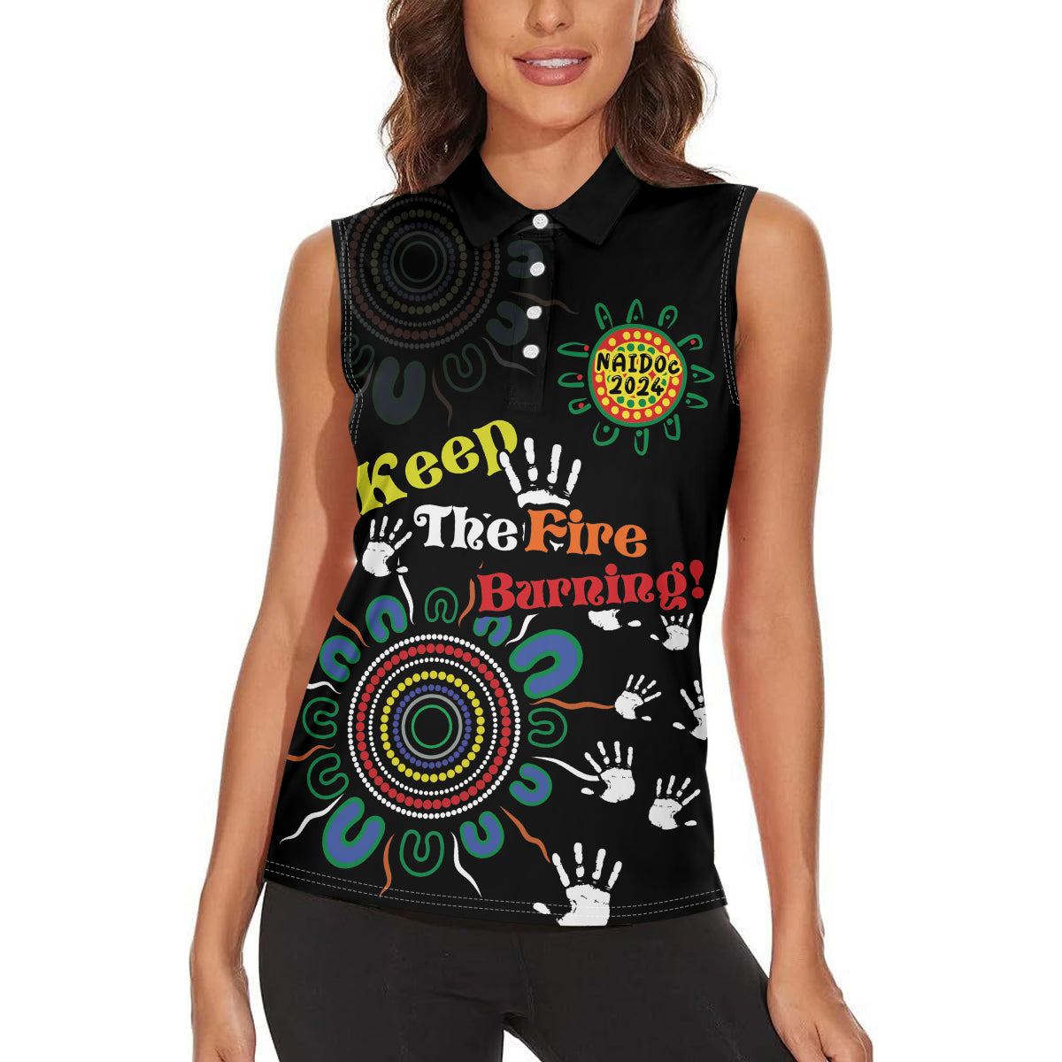NAIDOC 2024 Indigenous Aboriginal Women Sleeveless Polo Shirt The Fire Burns Forever
