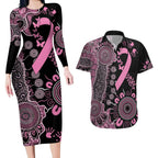 Personalised Aboriginal Ribbons Couples Matching Long Sleeve Bodycon Dress and Hawaiian Shirt Beautiful Butterflies Breast Cancer Awareness