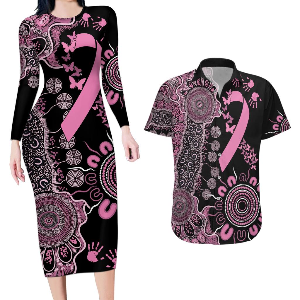 Personalised Aboriginal Ribbons Couples Matching Long Sleeve Bodycon Dress and Hawaiian Shirt Beautiful Butterflies Breast Cancer Awareness
