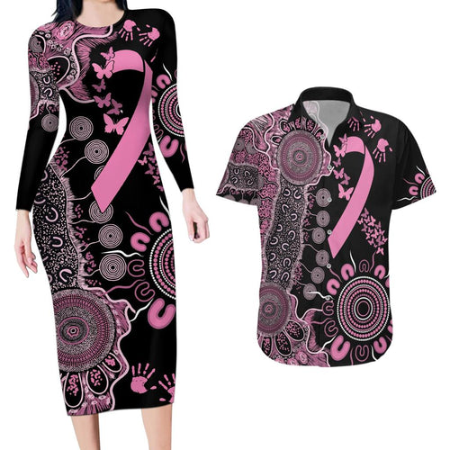 Personalised Aboriginal Ribbons Couples Matching Long Sleeve Bodycon Dress and Hawaiian Shirt Beautiful Butterflies Breast Cancer Awareness