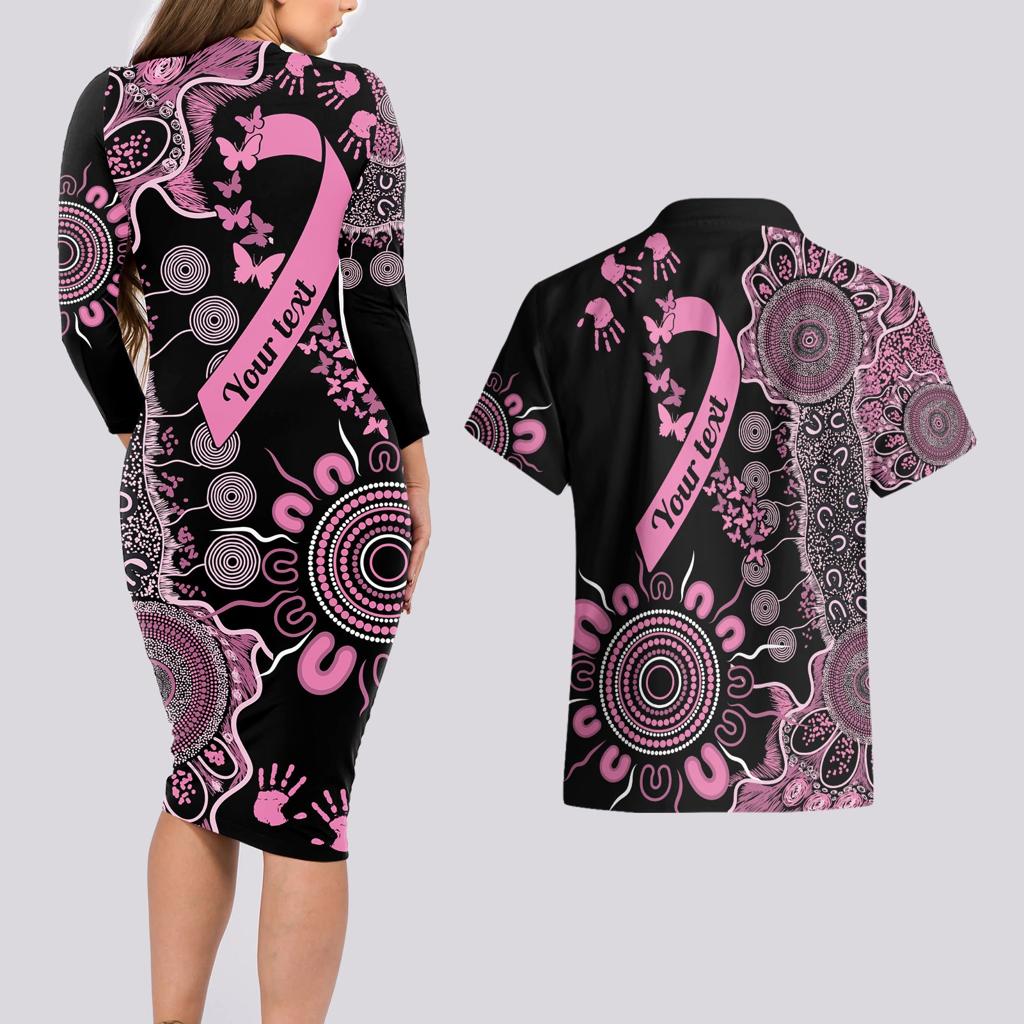 Personalised Aboriginal Ribbons Couples Matching Long Sleeve Bodycon Dress and Hawaiian Shirt Beautiful Butterflies Breast Cancer Awareness