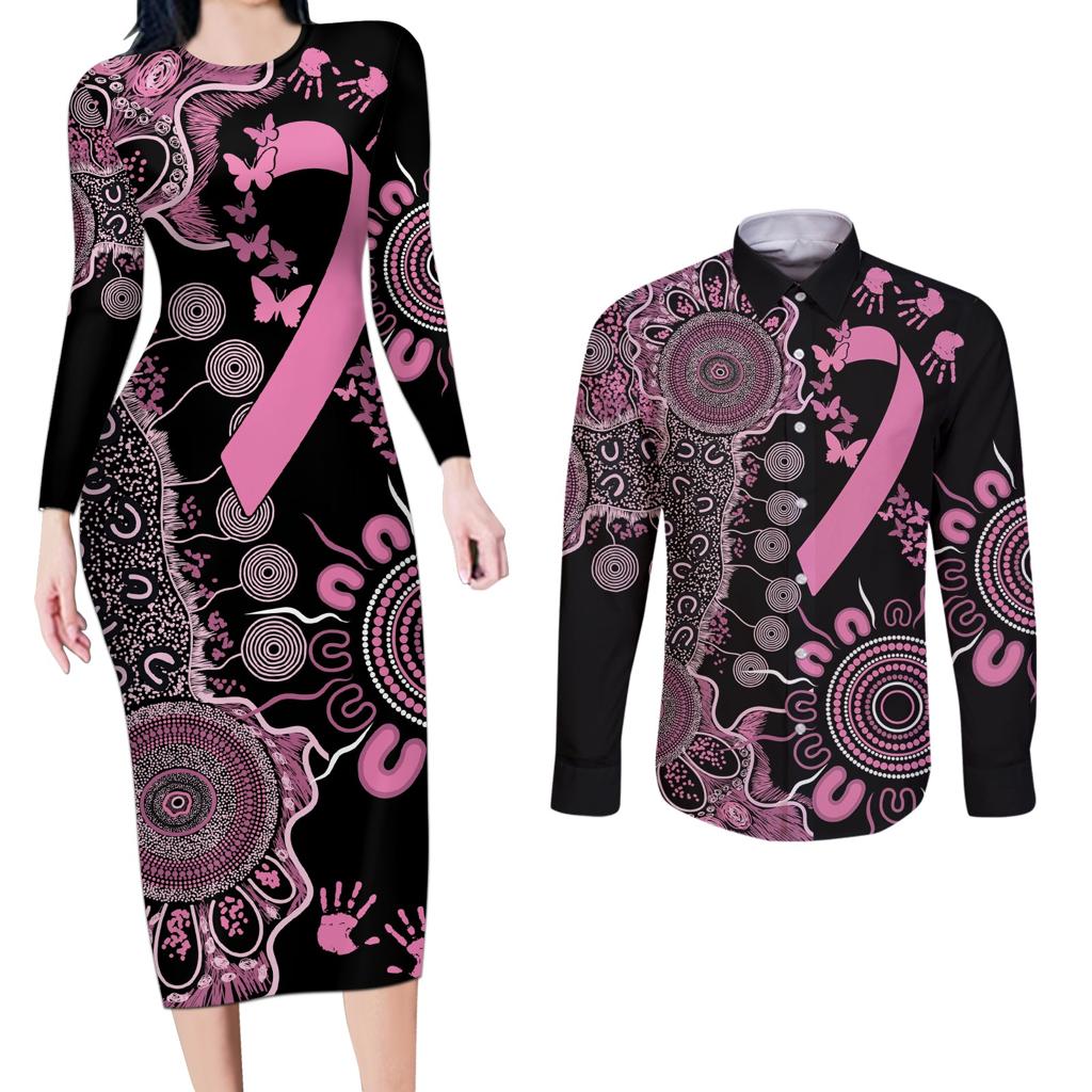 Personalised Aboriginal Ribbons Couples Matching Long Sleeve Bodycon Dress and Long Sleeve Button Shirt Beautiful Butterflies Breast Cancer Awareness