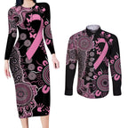 Personalised Aboriginal Ribbons Couples Matching Long Sleeve Bodycon Dress and Long Sleeve Button Shirt Beautiful Butterflies Breast Cancer Awareness