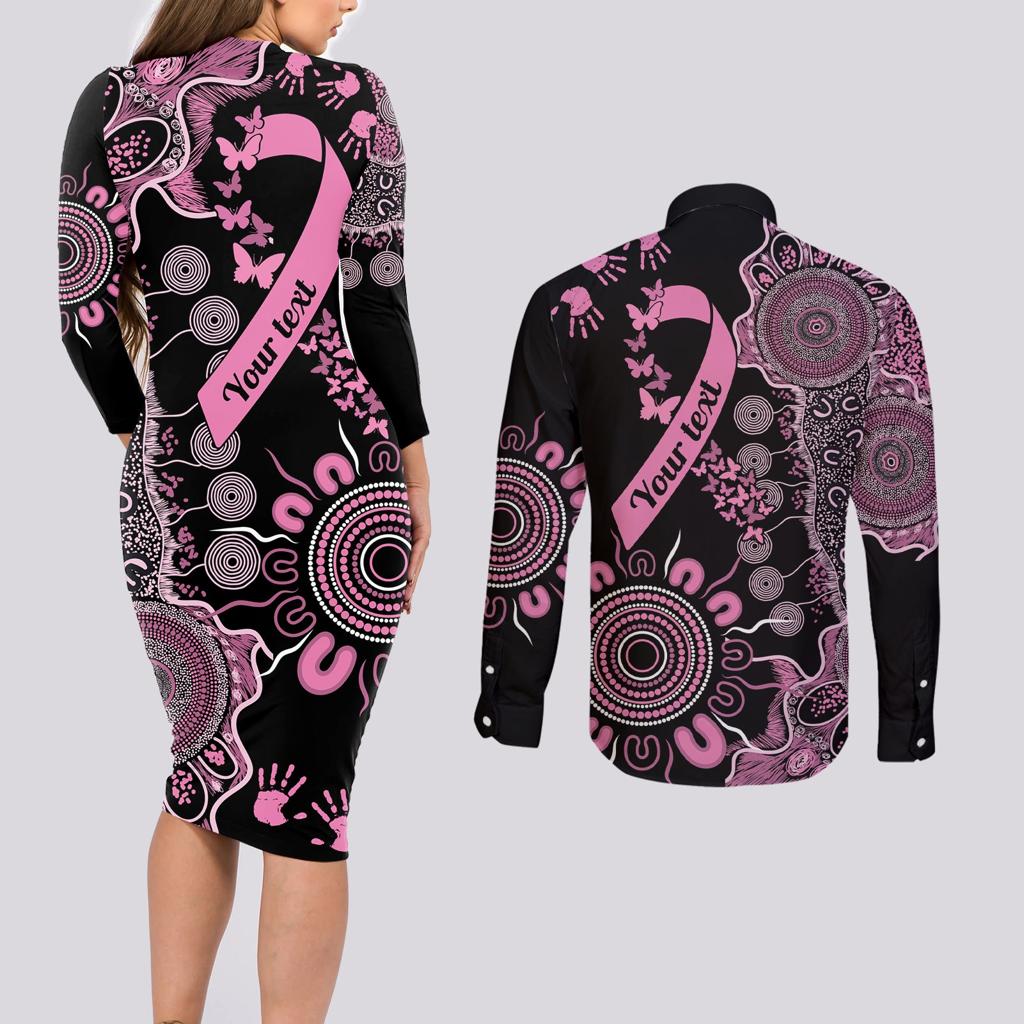 Personalised Aboriginal Ribbons Couples Matching Long Sleeve Bodycon Dress and Long Sleeve Button Shirt Beautiful Butterflies Breast Cancer Awareness