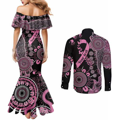 Personalised Aboriginal Ribbons Couples Matching Mermaid Dress and Long Sleeve Button Shirt Beautiful Butterflies Breast Cancer Awareness