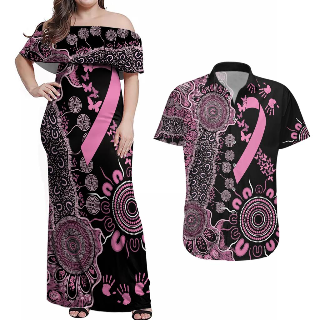 Personalised Aboriginal Ribbons Couples Matching Off Shoulder Maxi Dress and Hawaiian Shirt Beautiful Butterflies Breast Cancer Awareness