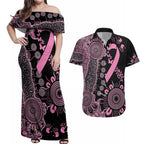 Personalised Aboriginal Ribbons Couples Matching Off Shoulder Maxi Dress and Hawaiian Shirt Beautiful Butterflies Breast Cancer Awareness