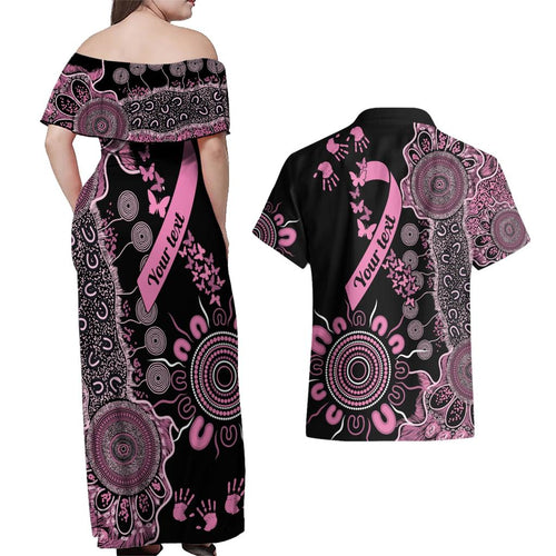 Personalised Aboriginal Ribbons Couples Matching Off Shoulder Maxi Dress and Hawaiian Shirt Beautiful Butterflies Breast Cancer Awareness
