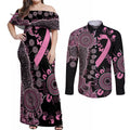 Personalised Aboriginal Ribbons Couples Matching Off Shoulder Maxi Dress and Long Sleeve Button Shirt Beautiful Butterflies Breast Cancer Awareness