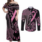 Personalised Aboriginal Ribbons Couples Matching Off Shoulder Maxi Dress and Long Sleeve Button Shirt Beautiful Butterflies Breast Cancer Awareness