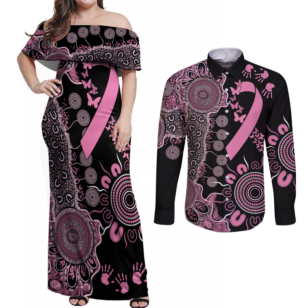 Personalised Aboriginal Ribbons Couples Matching Off Shoulder Maxi Dress and Long Sleeve Button Shirt Beautiful Butterflies Breast Cancer Awareness